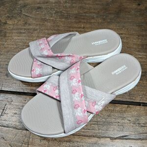 Skechers Sz 10 Sandals Slides Taupe Pink Shoes Open Toe On The Go Walk